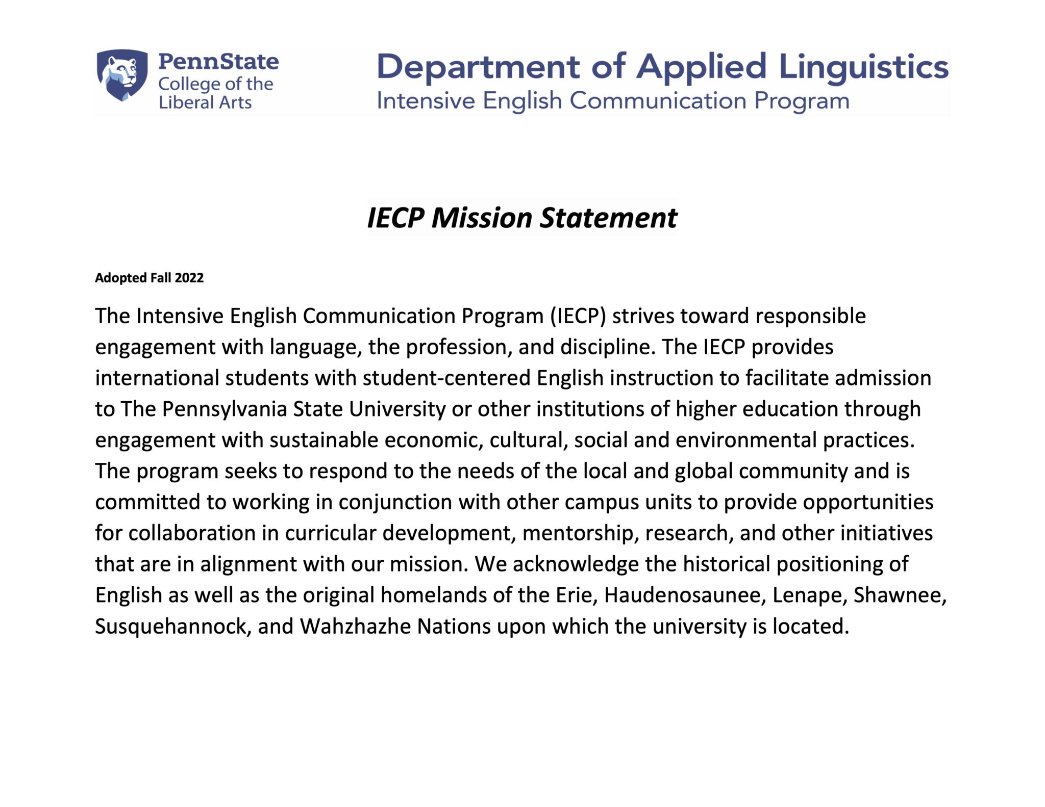 Mission Statement - IECP - Intensive English Communication Program